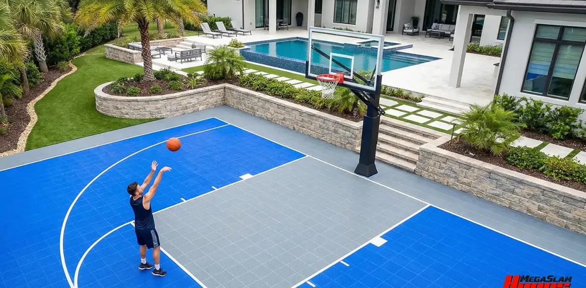 Player practicing on a Mega Slam in-ground hoop at a landscaped home court