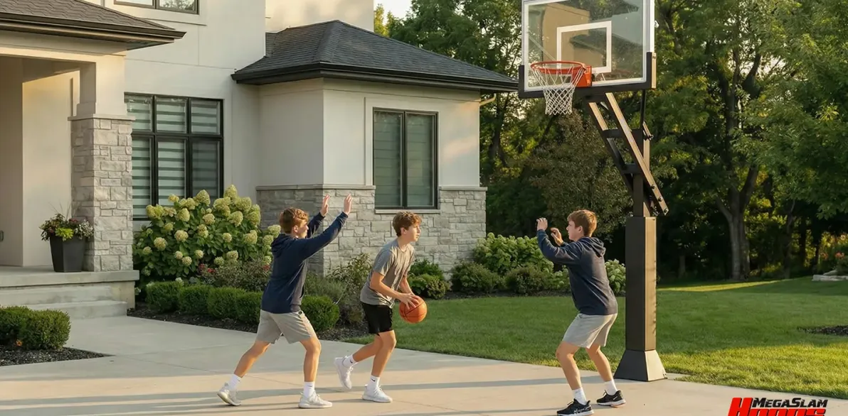 Players competing on a Mega Slam in-ground basketball hoop in a home driveway