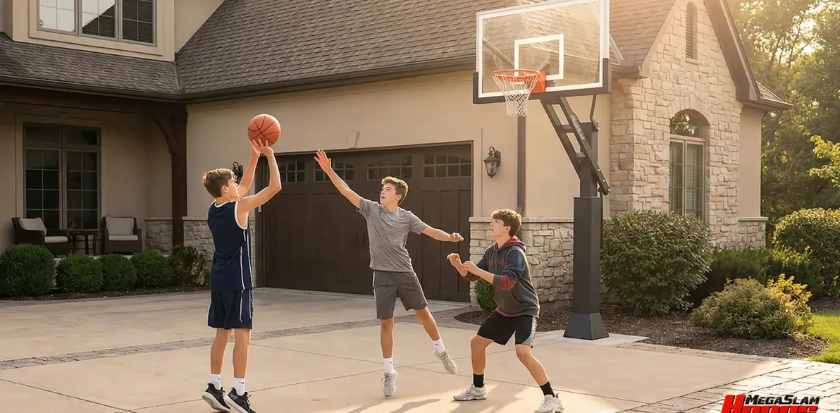 Kids playing basketball on an in-ground hoop in a home driveway