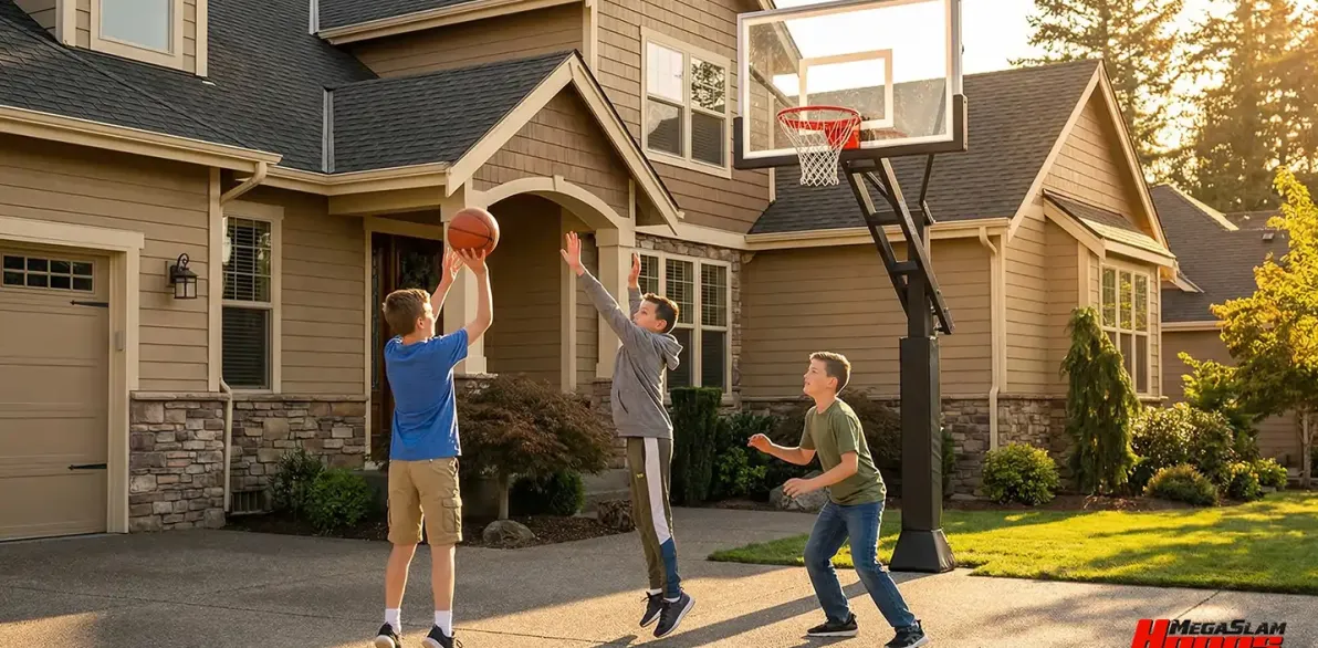 Kids playing basketball on a Mega Slam in-ground hoop in a suburban driveway