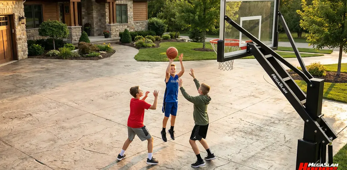 Mother and child playing basketball on a Mega Slam 72 in-ground hoop in a backyard court