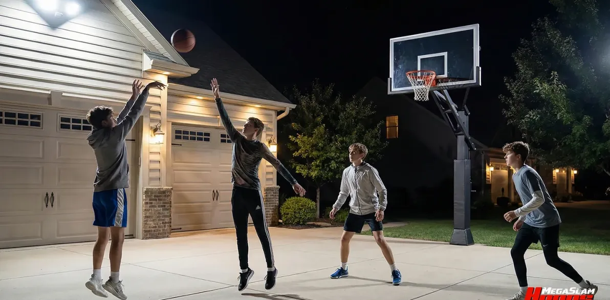Group playing basketball at night on a driveway under a premium in-ground hoop