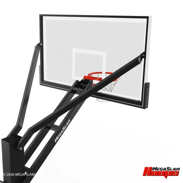 Mega Slam in-ground hoop with a tempered glass backboard and breakaway rim