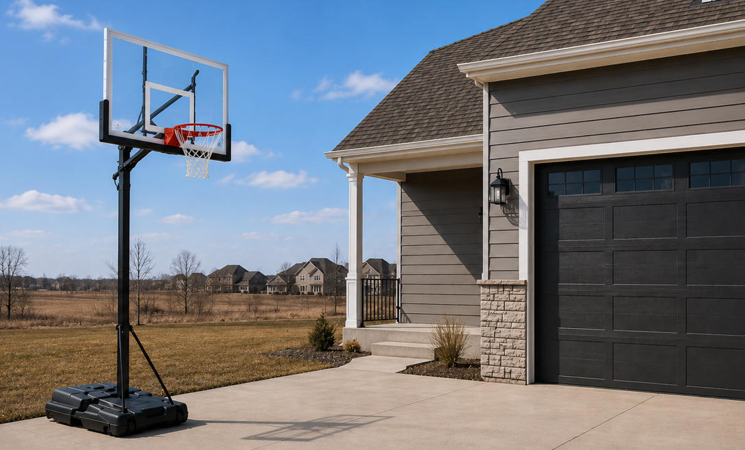 Portable basketball hoop set up on a residential driveway
