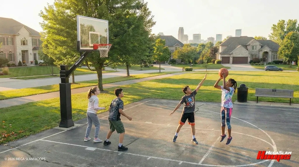 Kids playing basketball on a Mega Slam in-ground hoop at an outdoor court