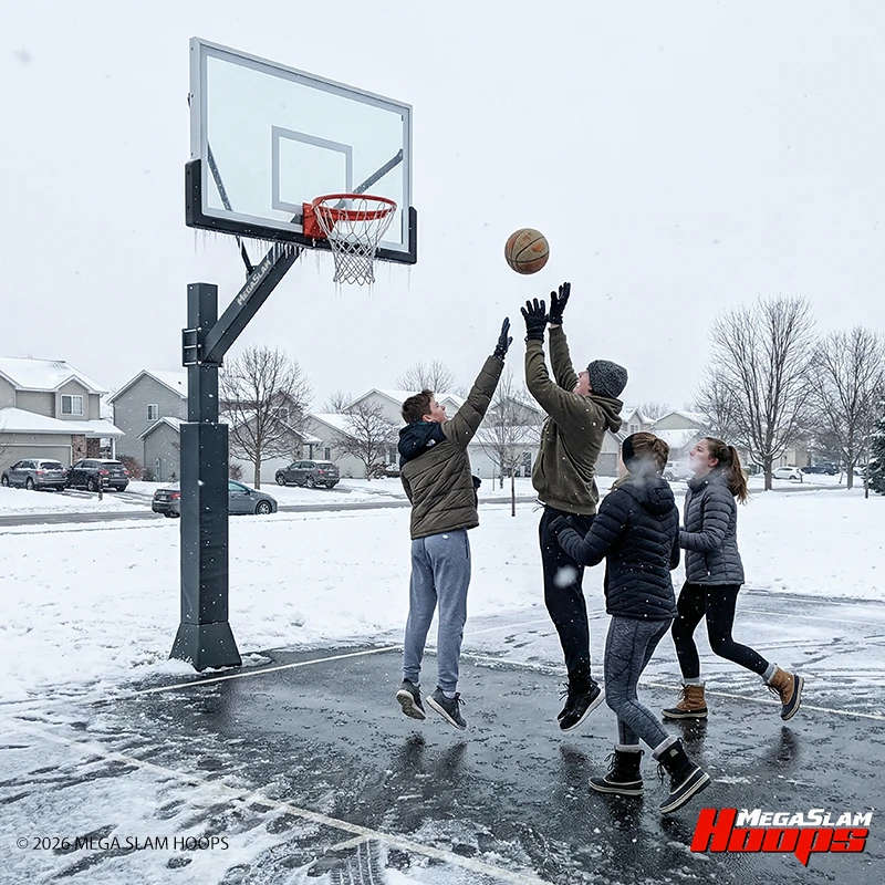 Teens playing basketball on a Mega Slam in-ground hoop on a snowy winter court