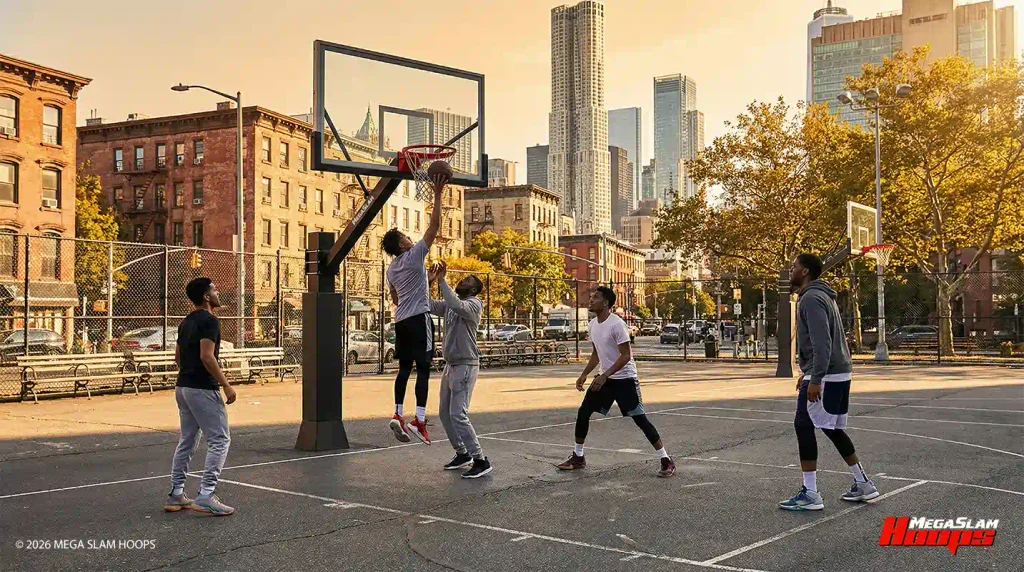 Adults playing a pickup basketball game on an outdoor court with a Mega Slam hoop