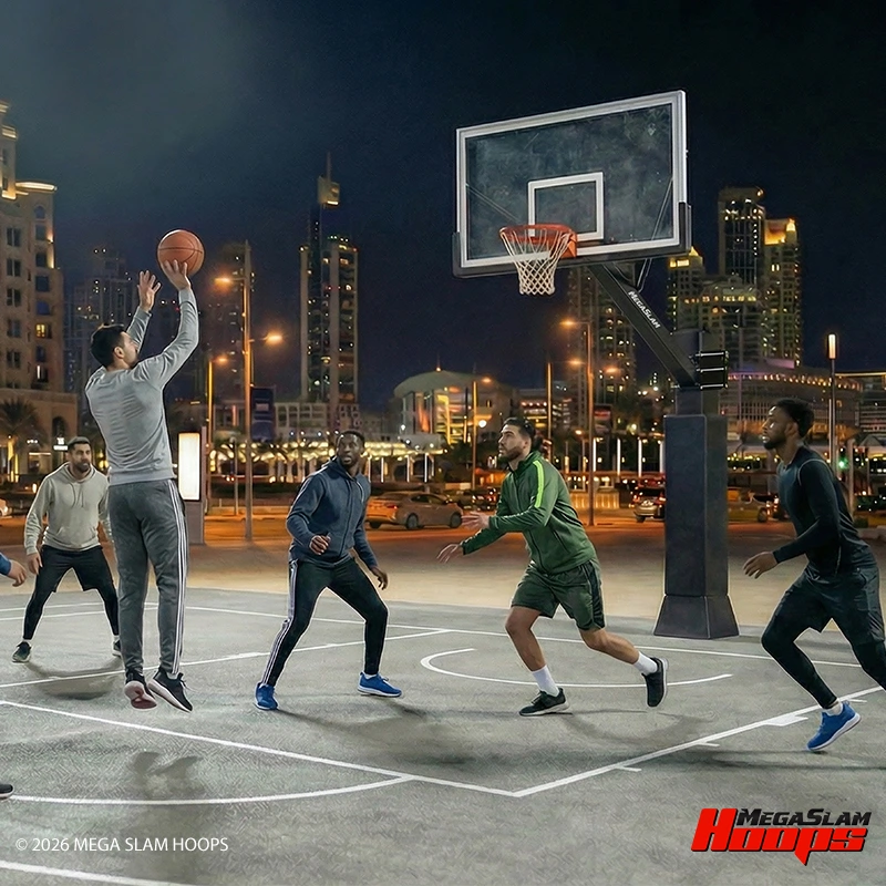 Group playing a social night basketball game on an outdoor Mega Slam hoop