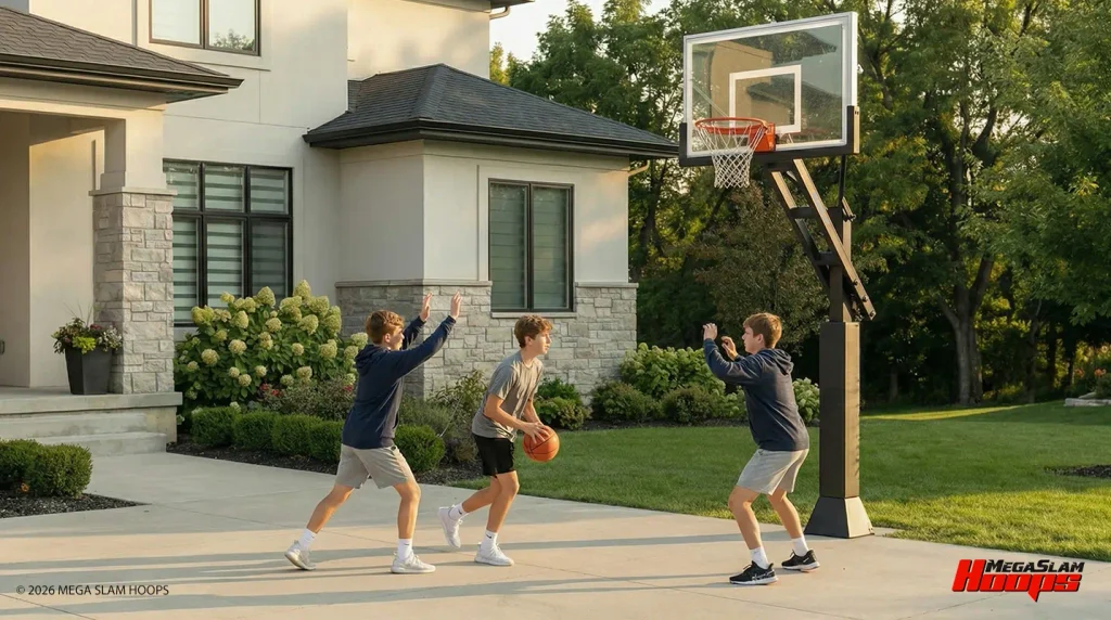 Teens playing a driveway game on a Mega Slam in-ground hoop in front of a family home
