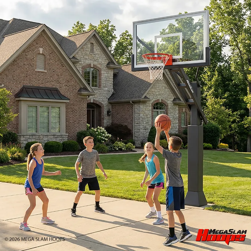 Kids playing basketball on a Mega Slam in-ground hoop in a driveway