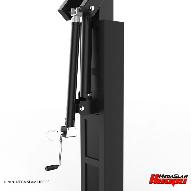 Close-up of the crank height-adjustment mechanism on a Mega Slam basketball hoop