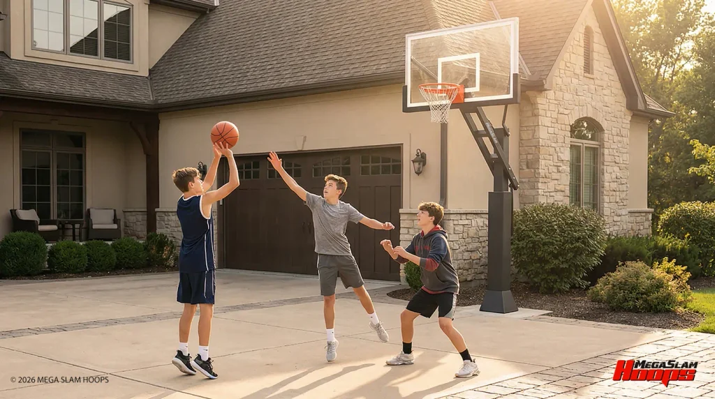Teens playing basketball on a Mega Slam in-ground hoop in a driveway