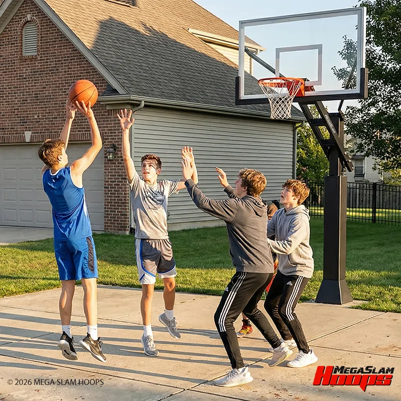 Teens playing a driveway basketball game on a Mega Slam in-ground hoop