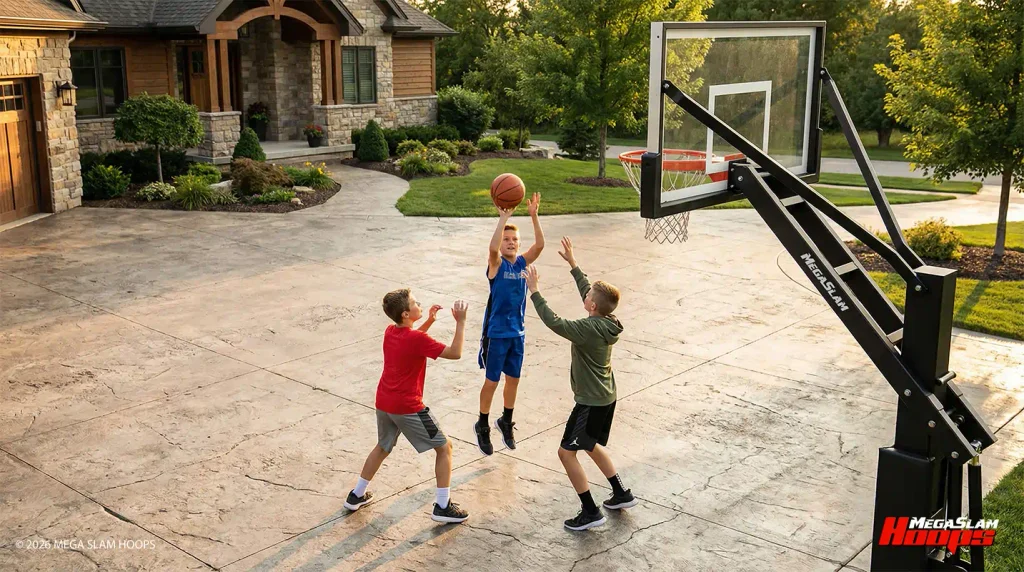 Teens playing a driveway game on a Mega Slam adjustable in-ground hoop