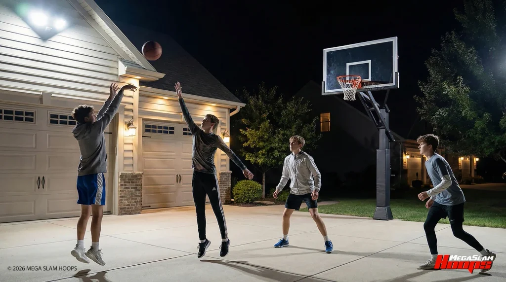 Teens playing basketball at night on a Mega Slam in-ground hoop in a driveway