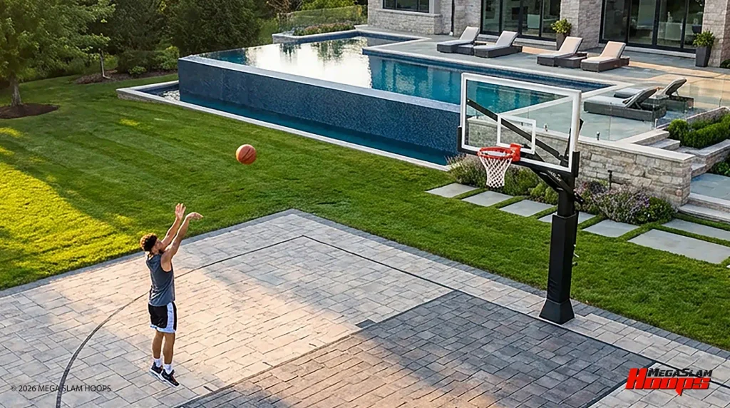 Player shooting alone on a Mega Slam in-ground hoop at a landscaped backyard court