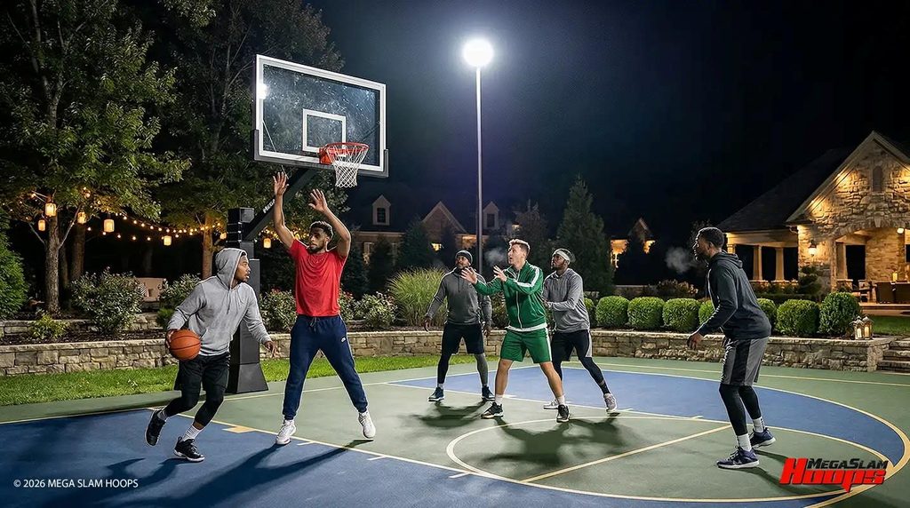 Group playing a night game under floodlights on a Mega Slam backyard court