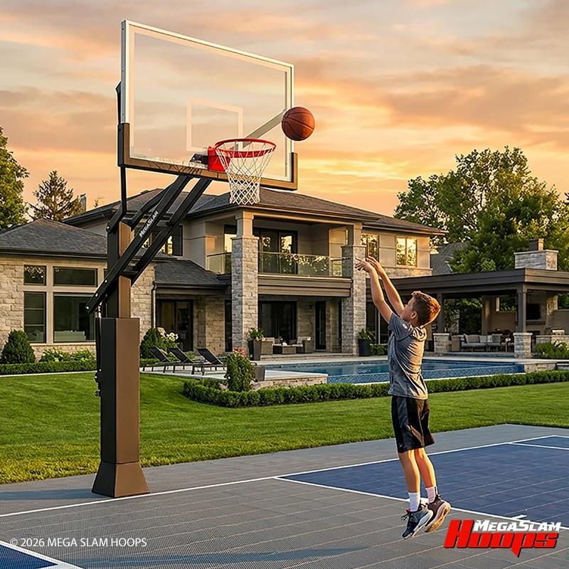 Backyard basketball court with sport tiles and a Mega Slam in-ground hoop at a luxury home