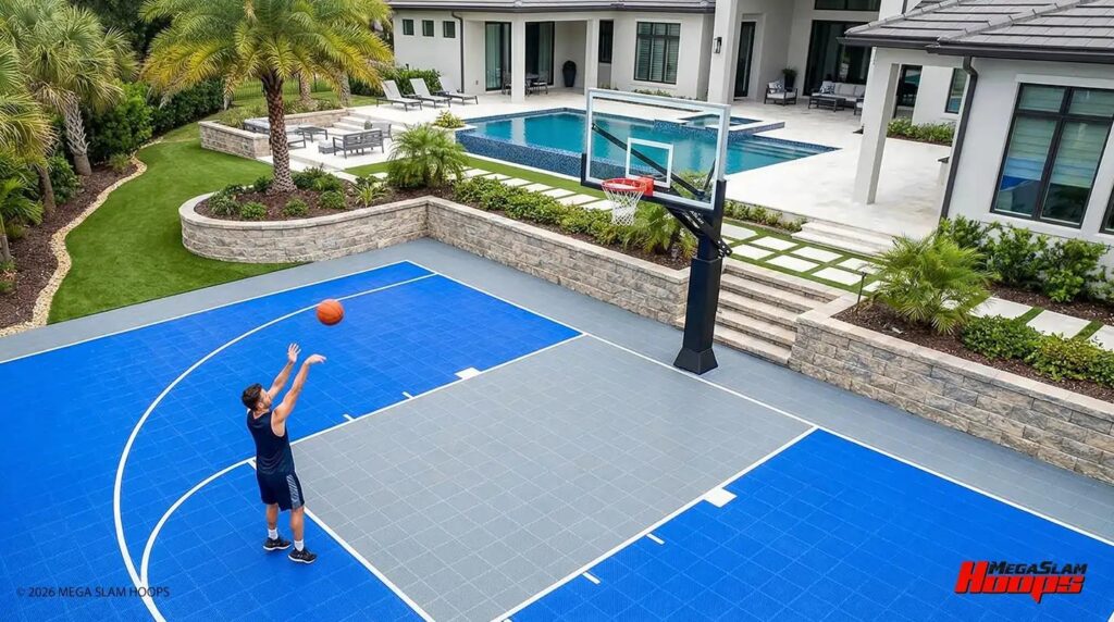 Aerial view of a home half-court with regulation markings and a Mega Slam in-ground hoop