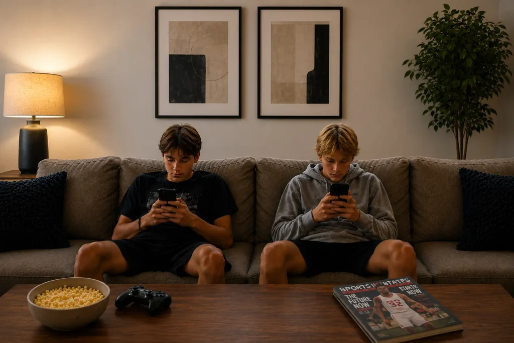 Two teenagers sitting indoors on their phones instead of playing outside